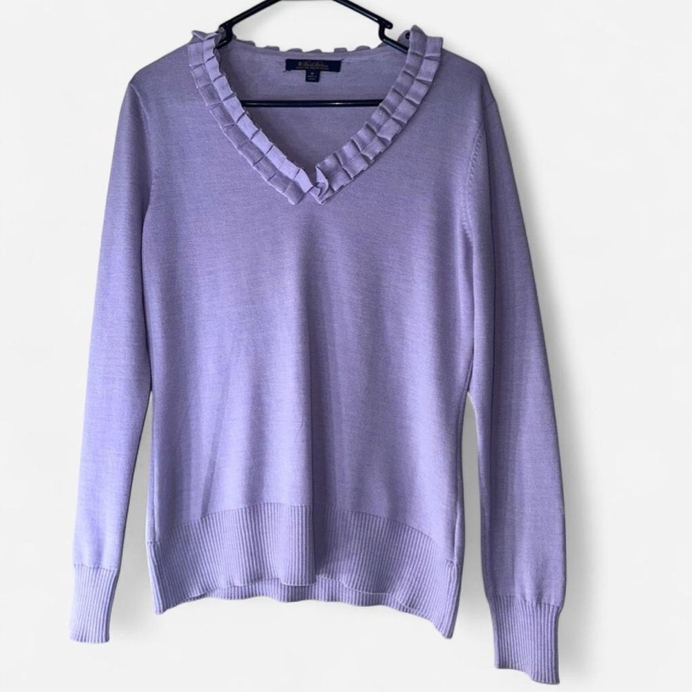 Brooks Brothers 100% Merino Wool Lavender Ruffle V Neck Sweater Size M